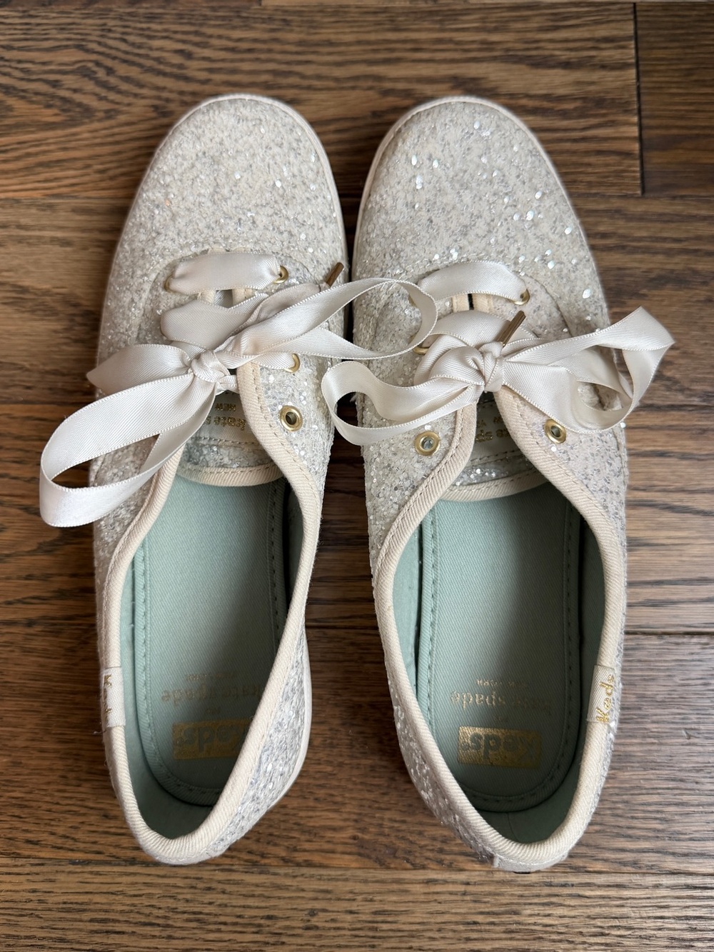 Kate Spade x Keds White Glitter Sequin Sneakers with Satin Ribbon Laces Sz 7